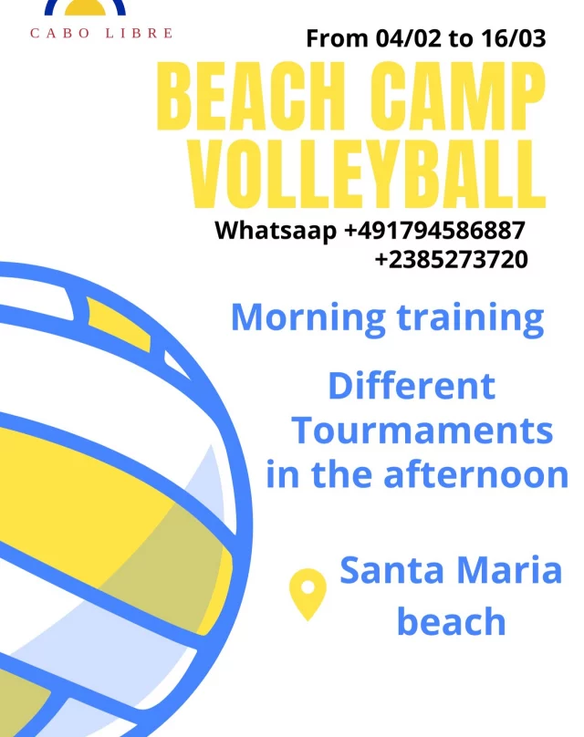 Cabo Libre Beach Camp Volleyball poster with dates, WhatsApp numbers and Santa Maria Beach location